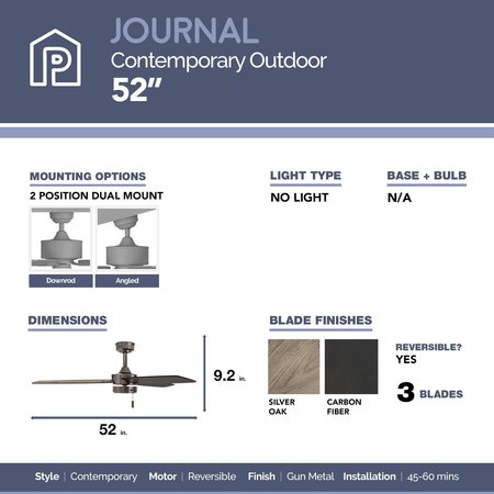 Prominence Home Journal, 52 in. Indoor/Outdoor Ceiling Fan with No Light, Gun Metal 51024-40